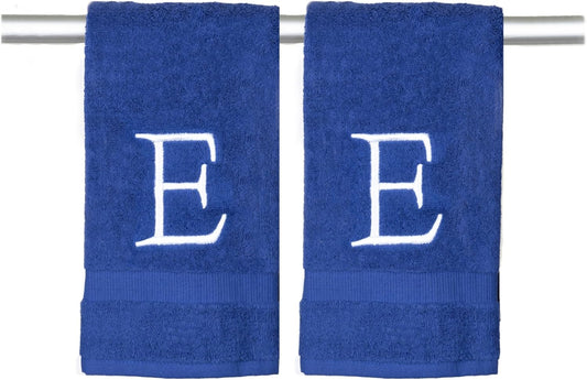 Navy Monogram Hand Towel for Bathroom - Monogrammed Initial Hotel Quality Decorative Embroidered Luxury Towel for Powder Room, Spa - GOTS Organic Certified - Set of 2 White Letter E