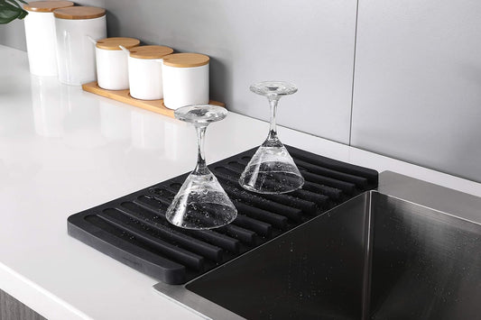 Self-Draining 2 in 1 Silicone Drying Mat and Trivet by Modern Joe's. Premium Space Saving Dish and Glassware Silicone Mat. Made from Food-grade, Dish Washer Safe and Heat Resistant (Black)