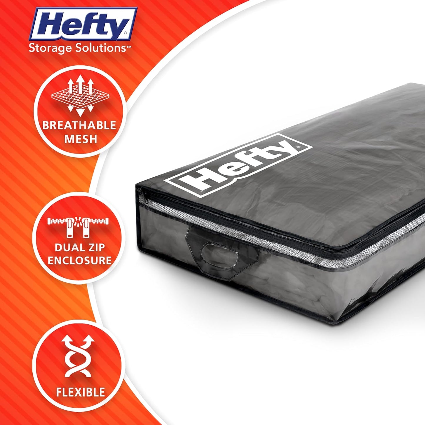Hefty Underbed Flexible Tote with Breathable Mesh, Double Zipper, 2 Handles – Ideal for Moving or Clothes & Apparel Storage, Alternative to Plastic Bin, Organizer or Container