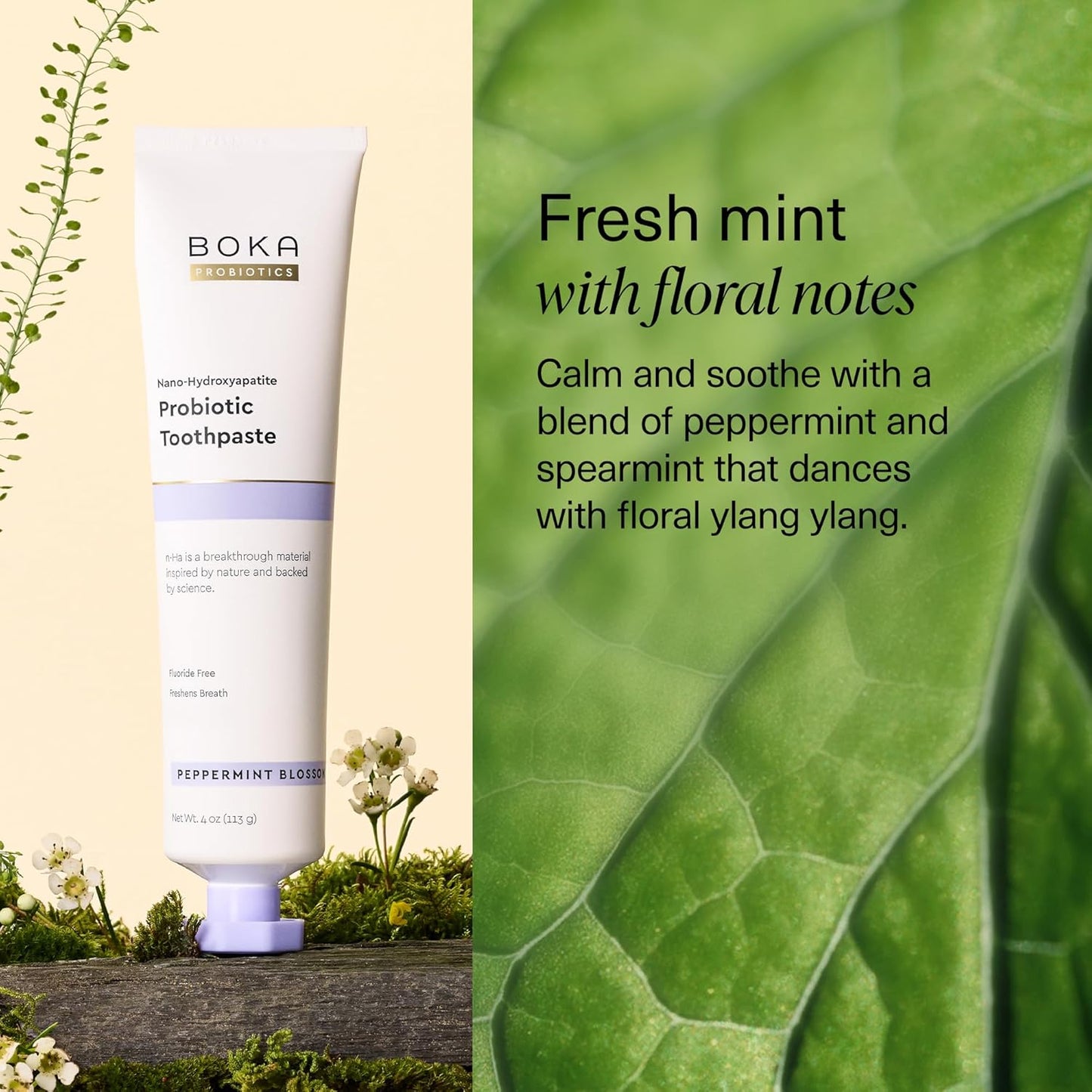 Boka Fluoride Free Toothpaste, Nano Hydroxyapatite Toothpaste, Appropriate for Sensitive Teeth - for Adult, Kids Oral Care - Probiotics - Peppermint Blossom, 4 Fl Oz 1Pk US Manufactured