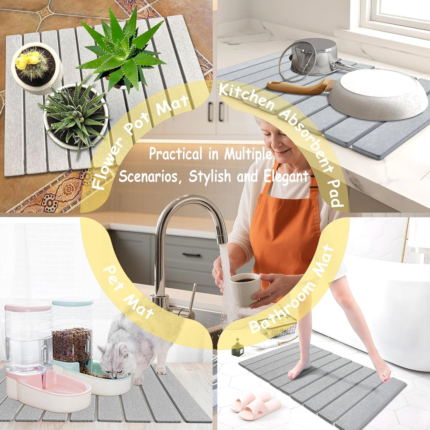 Stone Dish Drying Mat For Kitchen & Bathroom - Diatomaceous Earth, Quick Dry, Collapsible, Non - Slip Pvc, Rounded Corners, 15.4 X 23.6 IN, Absorbent, Natural Material For Dishes, Cups & More