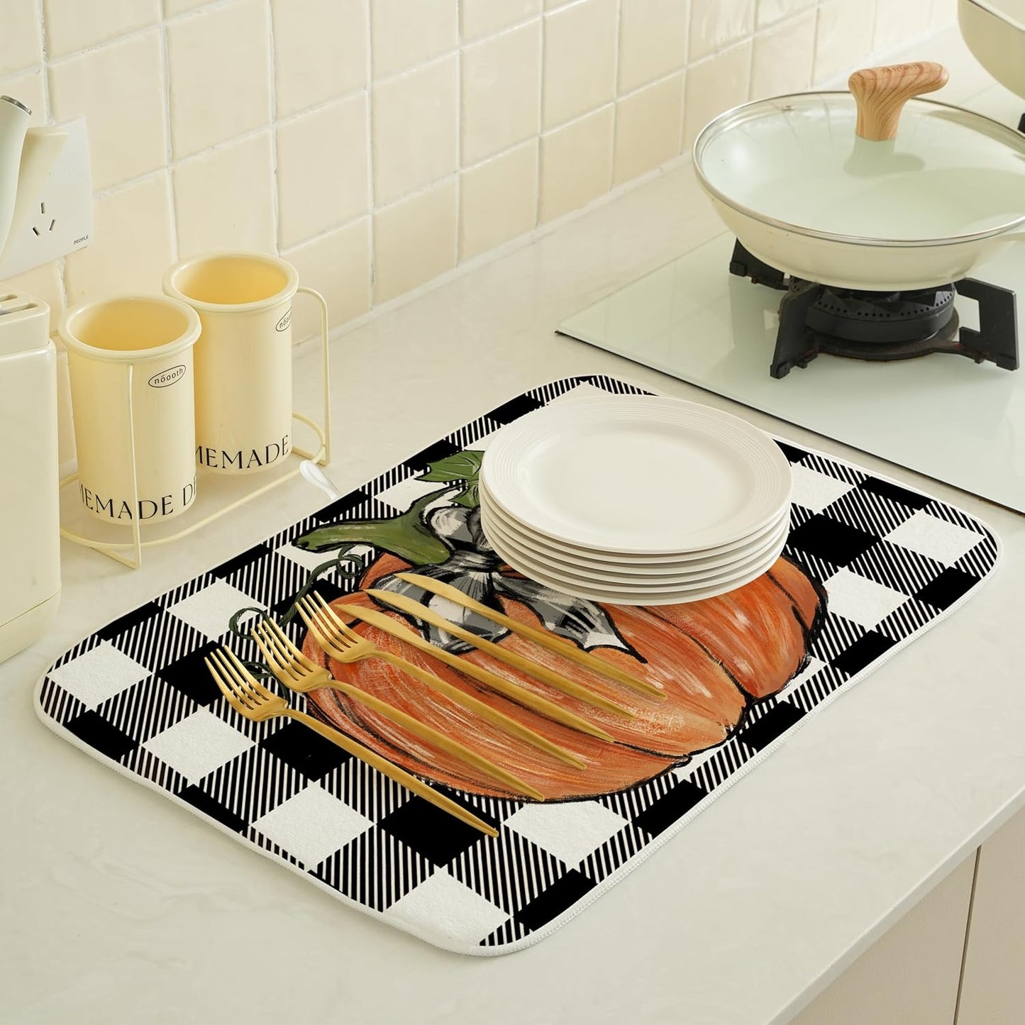 Fall Dish Drying Mat for Kitchen Counter, 18x24 Inch Buffalo Plaid Orange Pumpkin Absorbent Dish Drying Pad Heat Resistant Mat Coffee Bar Mat Dish Drainer Rack Mat
