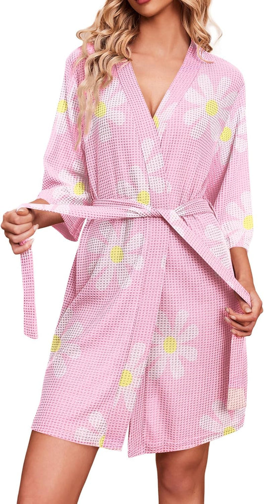 Ekouaer Robes for Women Waffle Knit Bathrobe Soft Lightweight Knee Length Loungewear S-XXL