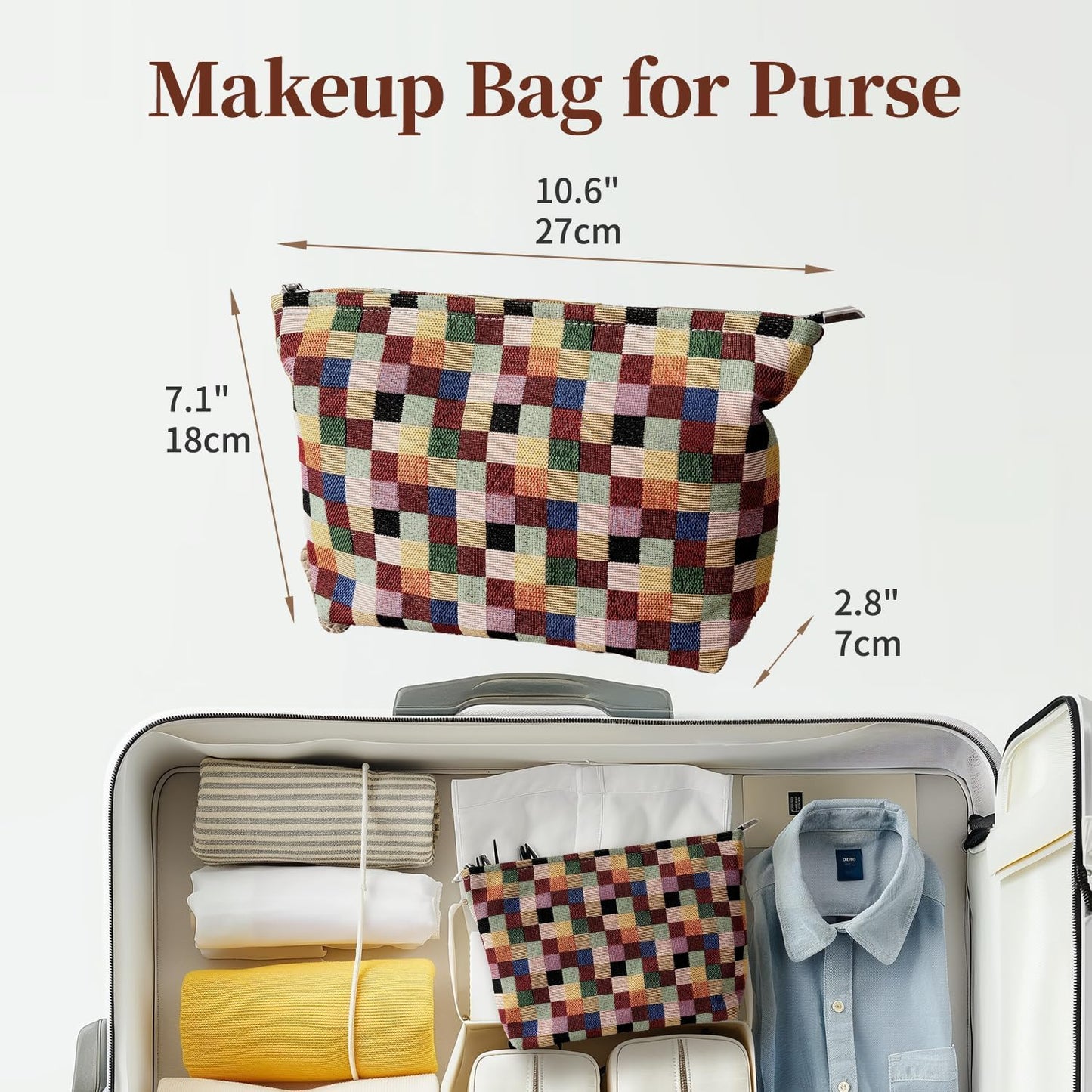 Stylish Checkered Canvas Makeup Bag – Travel Cosmetic Organizer (10.6 x 7.1 x 2.8 Inches), Large Cosmetic Bag, Colored Squares Zipper Pouch, Plaid Fabric, Plain lining