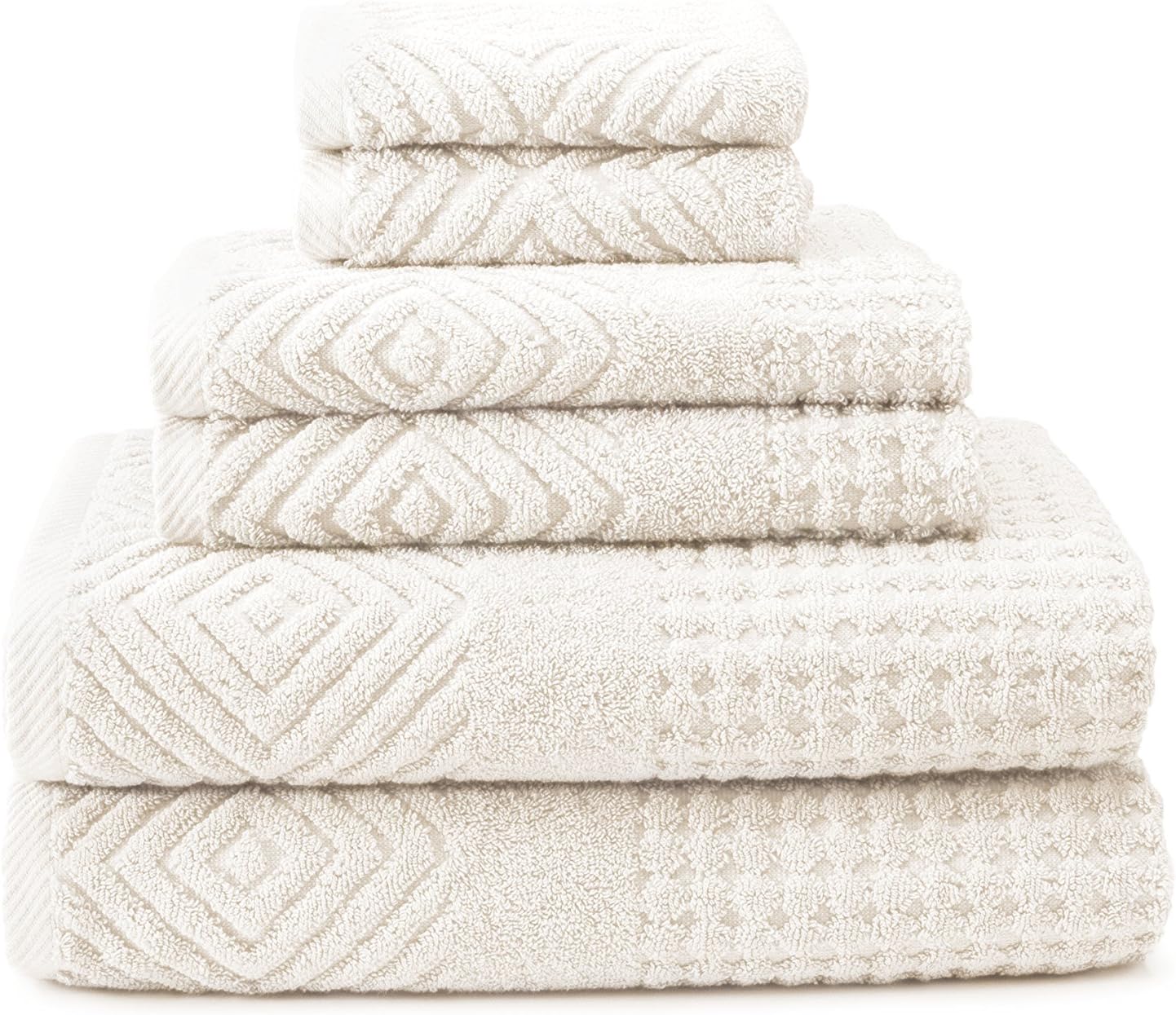 Texere 100% Organic Cotton Diamond Jacquard Luxury Bath Towel Sets - Soft and Absorbent Hotel and Spa Quality - 2 Large Bath Towels, 2 Hand Towels, 2 Washcloths (Diamond, Cream, 6 Piece)