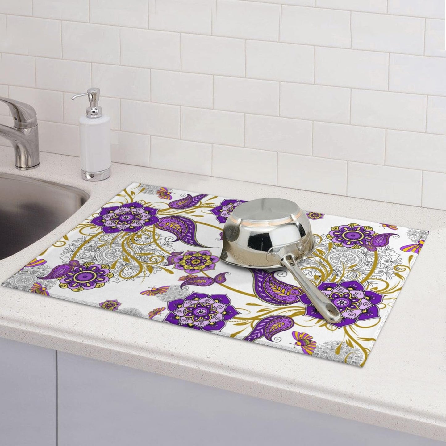 Purple Flower Kitchen Drying Mat Boho Floral Microfiber Dish Drainer Mat for Kitchen Counter Absorbent Reusable Washable 18x24 Inch Home Holiday Decor