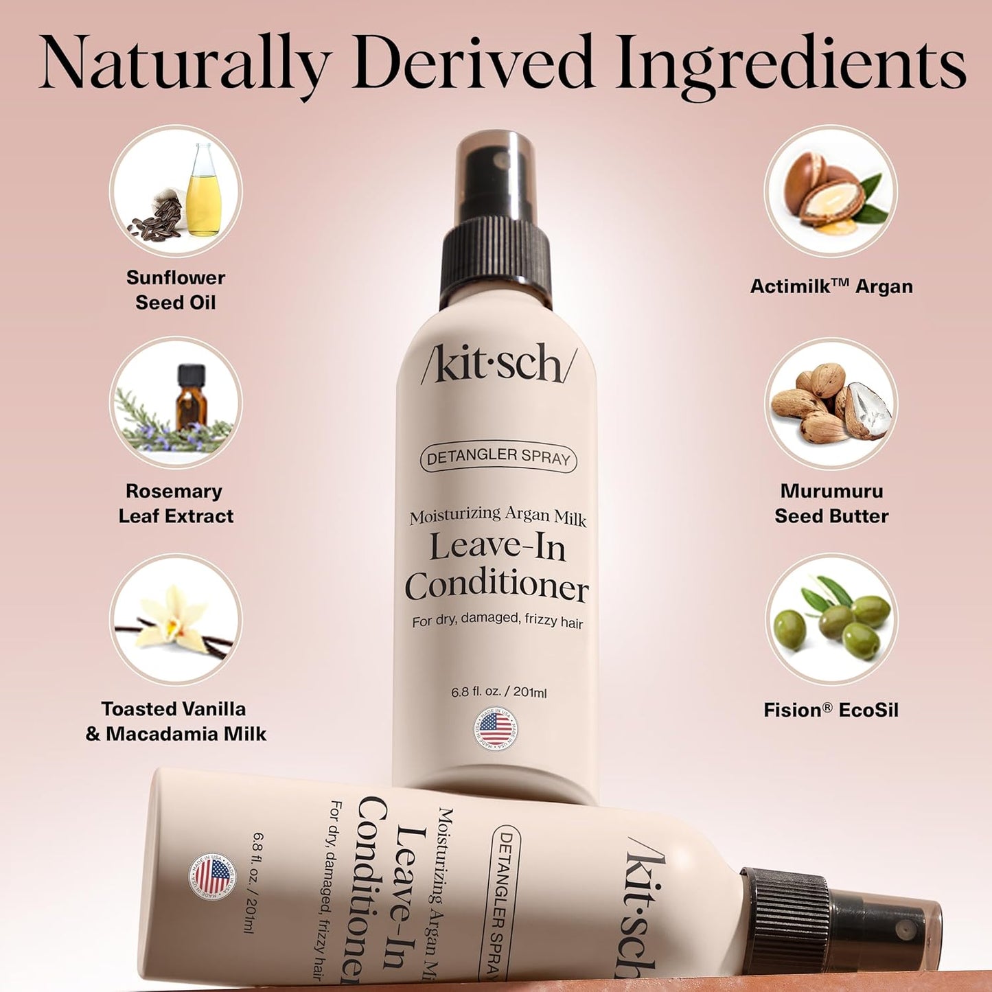 Kitsch Argan Milk Leave In Conditioner Spray – Hair Detangler Spray for Curly, Wavy, Fine, Dry & Damaged Hair - Silicone-Free | Ideal Gifts for Women - 6.8oz