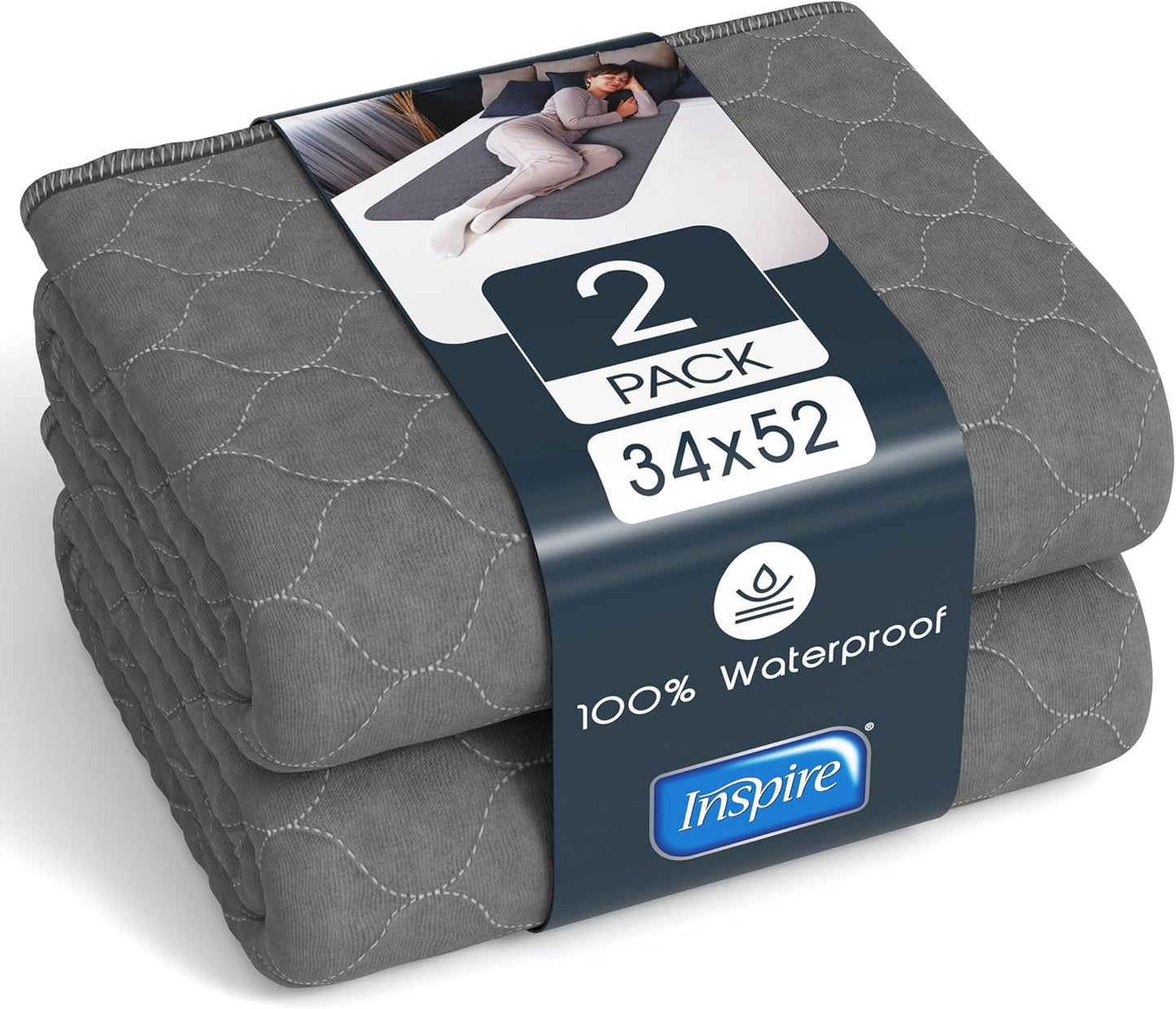 Inspire Underpads | Stain Hiding Gray Reusable Incontinence Bed Pads | Waterproof Mattress Pad | for Adults Babies and Dogs (34 X 52)