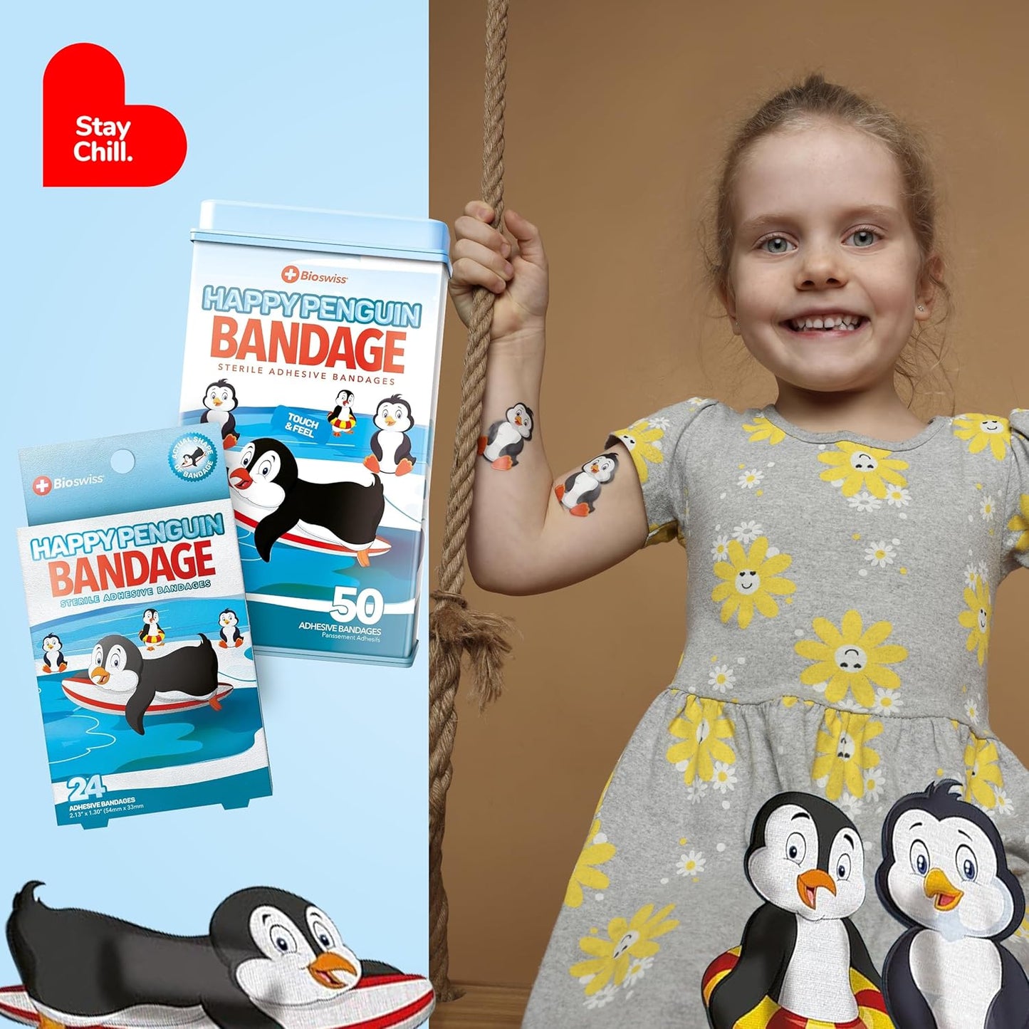 BioSwiss Kids Bandages, Penguin Shaped Self Adhesive Bandage Set, Latex Free, Sterile Wound Care, 50 Count
