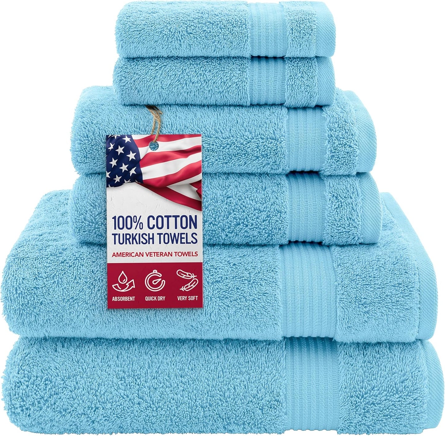 American Veteran Towel, 100% Cotton Turkish 6 Piece Towel Set Luxury Towels Set of 6 for Bathroom Essentials, 2 Bath Towels 2 Hand Towels 2 Washcloths, Sky Blue