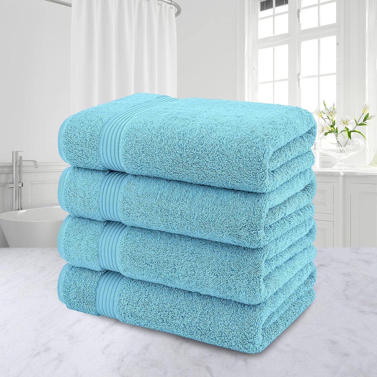 American Veteran Towel, 100% Cotton Turkish Bath Towels for Bathroom 4 Pack, 27x54 Extra Large Premium Soft Drying Bathroom Towels, Sky Blue