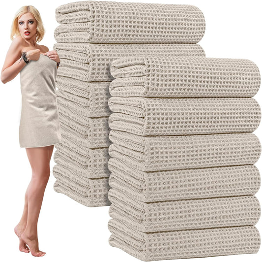 12 Pack Microfiber Bath Towels Bulk 27'' x 60'' Oversized Size Bath Towel Highly Absorbent Extra Large Soft Drying for Shower Beach Salon Winter Sport Spa Gym (Waffle,Beige)