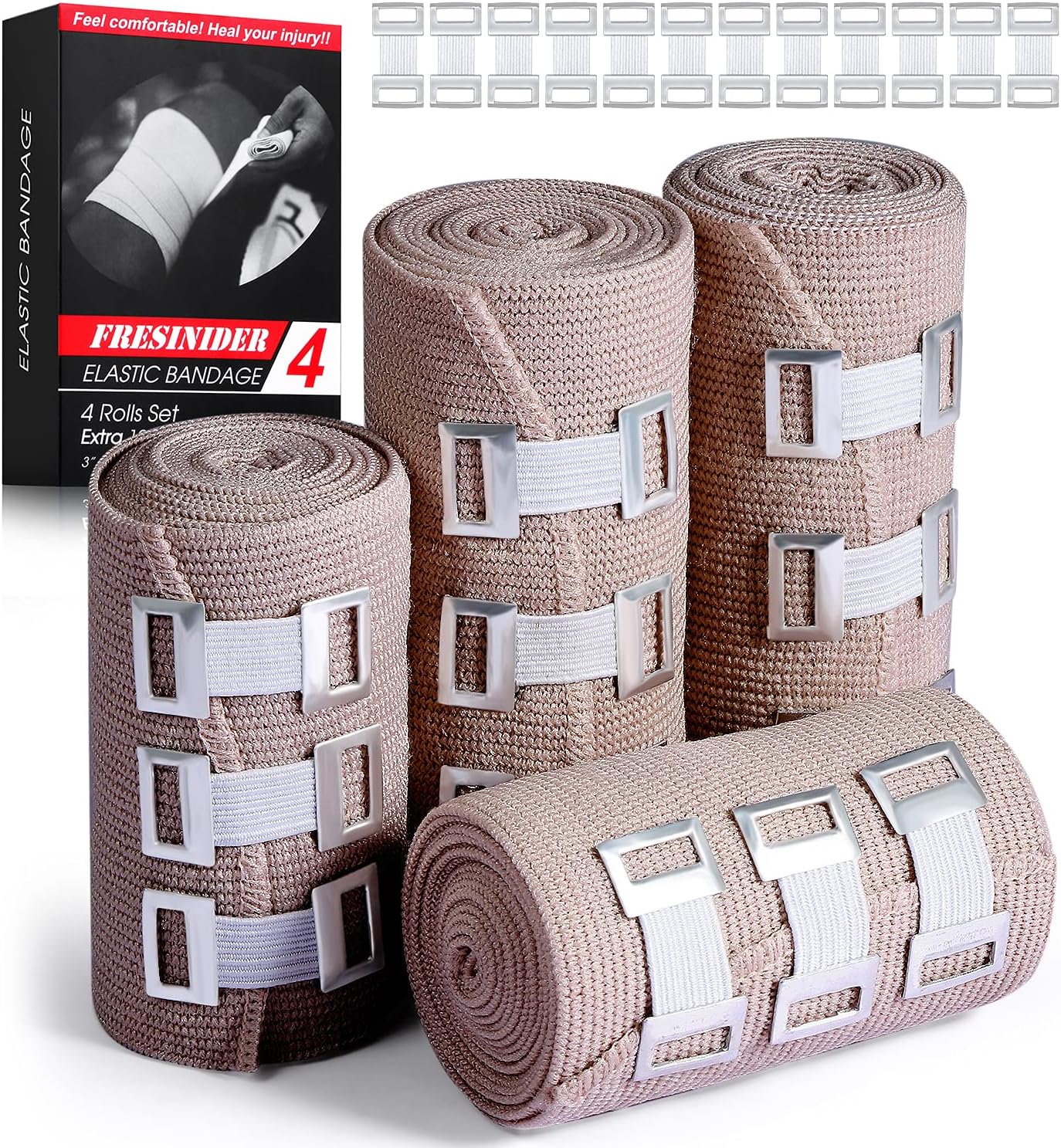 FRESINIDER Elastic Bandage Wrap 4 Pack(2 X 3 + 2 X 4 Wide Rolls) + 24 Clips | Stretch Compression Bandage Stretches up to 15ft | Ideal for Medical, Sports, Sprains, Calf, Ankle & Foot