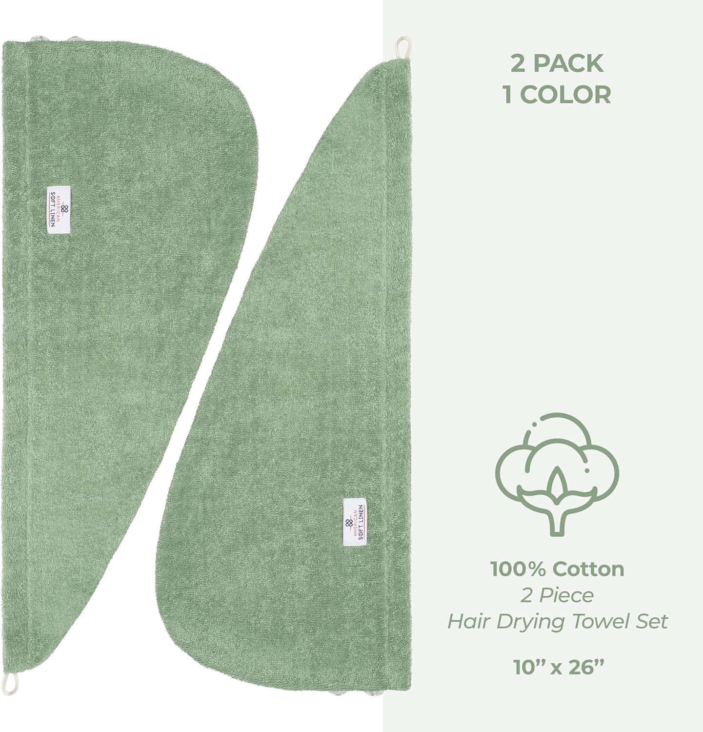 American Soft Linen 100% Cotton Hair Towels for Women, Head Towel Cap, Cotton Hair Turban Towel Wrap for Long Curly Anti Frizz Hair, Soft and Absorbent Cotton Hair Towels 2 Pack, Sage Green