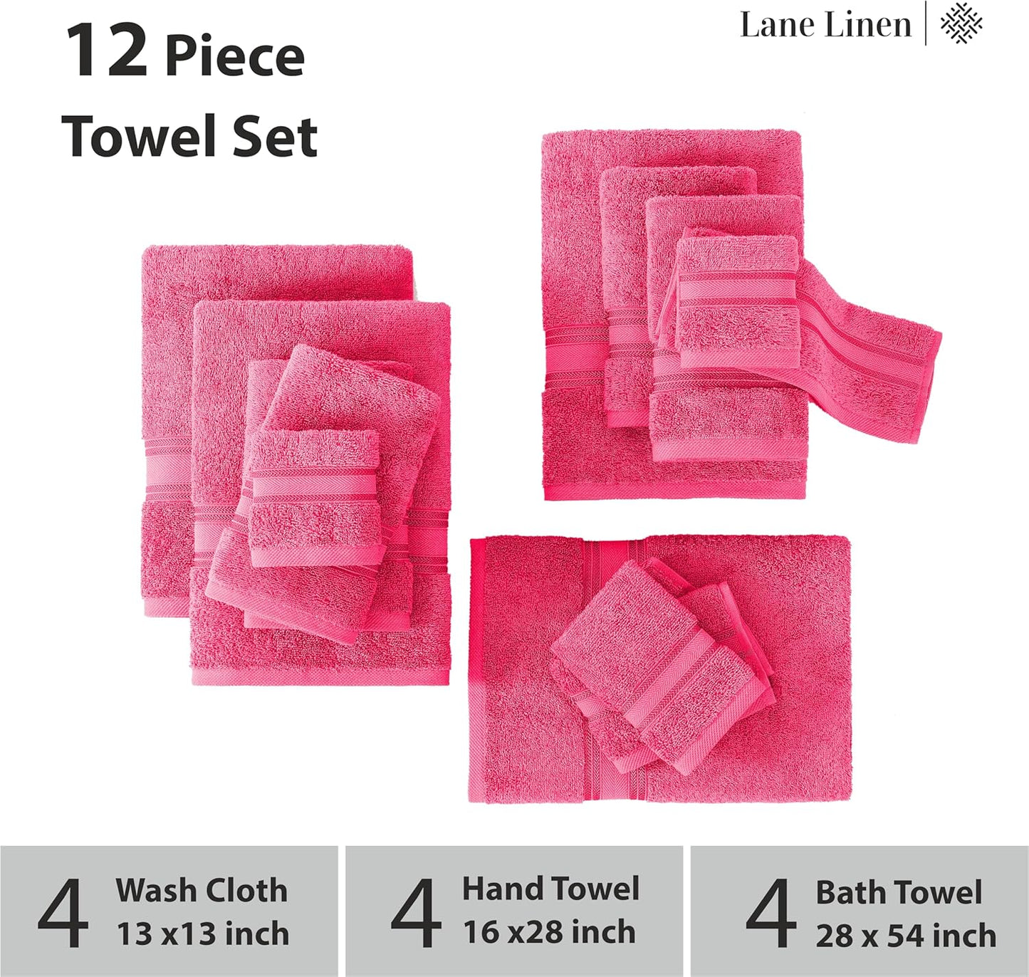 LANE LINEN Luxury Bath Towels Set - 12 Piece (4 Bath Towels, 4 Hand Towels, 4 Washcloths), 100% Cotton, Zero Twist, Super Soft & Extra Absorbent - Fuchsia