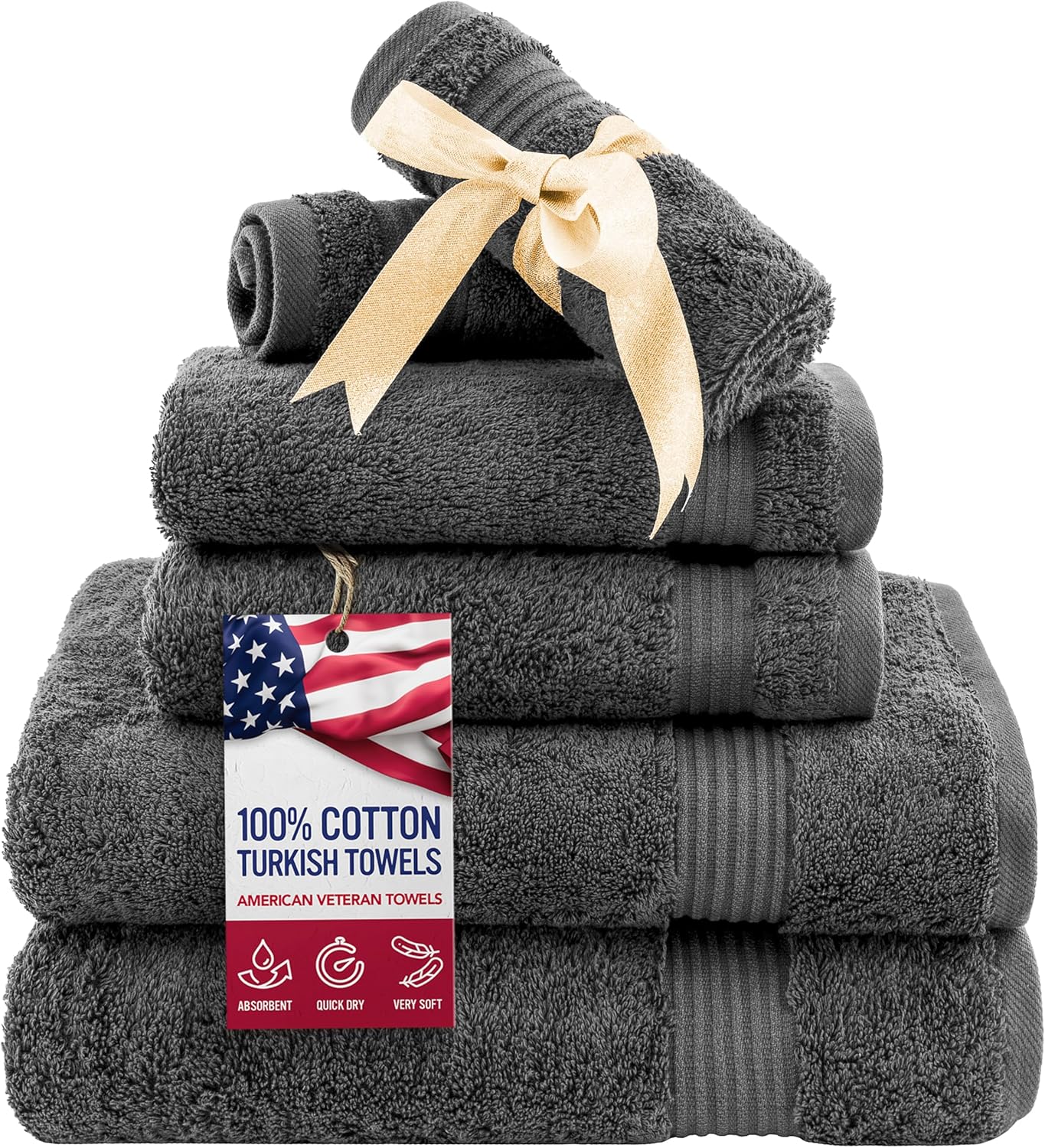 American Veteran Towel, 6 Piece Towel Set for Bathroom, 100% Cotton Turkish Bathroom Towels, 2 Bath Towels 2 Hand Towels 2 Washcloths, Dark Gray