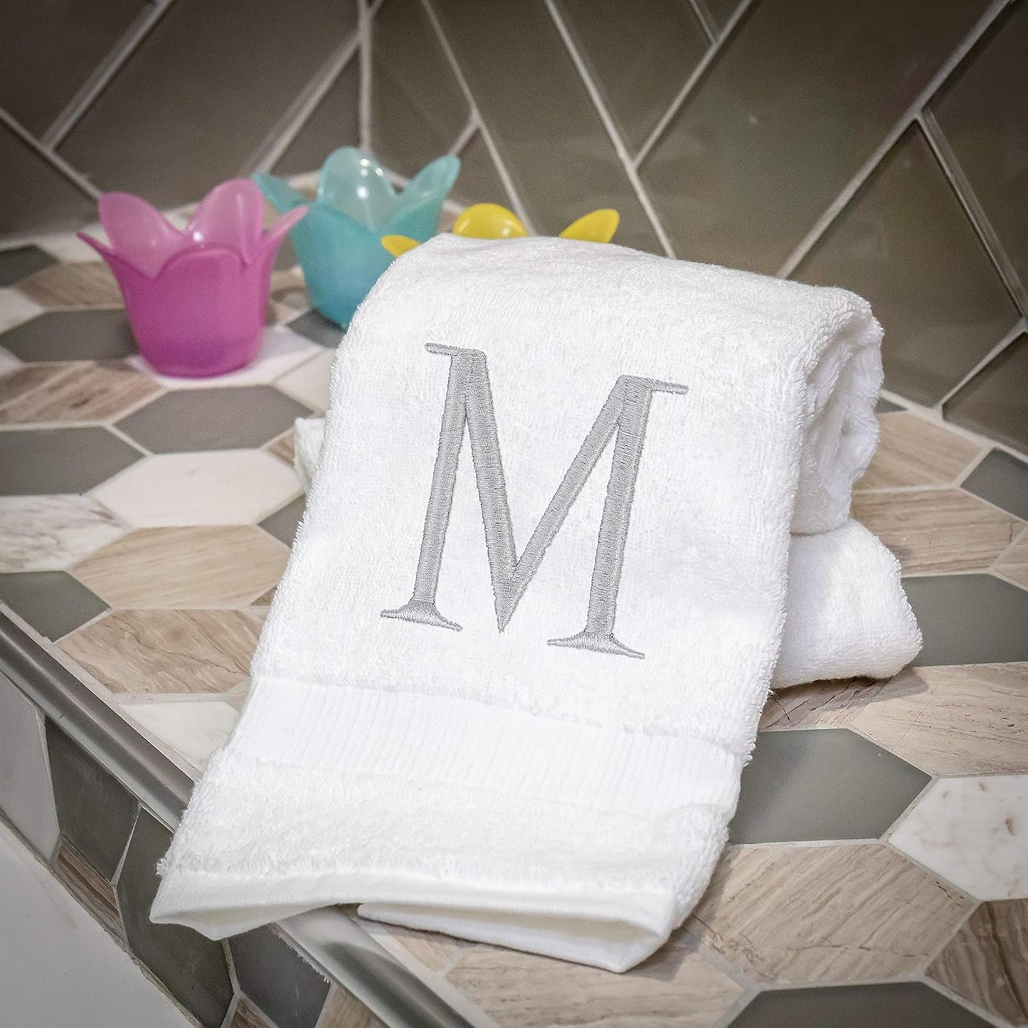 Monogrammed Hand Towels for Bathroom - Luxury Hotel Quality Personalized Initial Decorative Embroidered Bath Towel for Powder Room, Spa - GOTS Organic Certified - Set of 2 Letter M