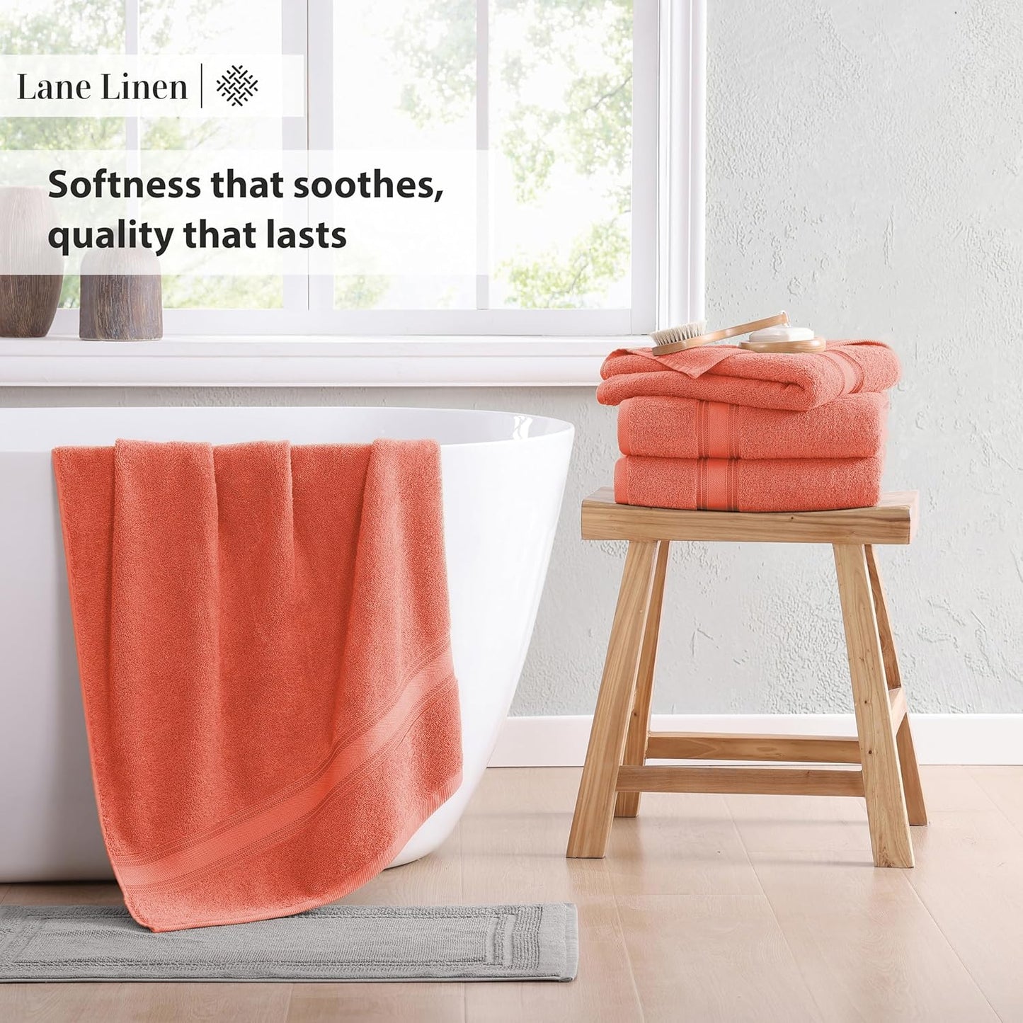 LANE LINEN 100% Cotton Zero Twist, Bath Towels (30"x60") - 4 Pieces - Large Towels for Bathroom - Quick Drying, Soft & Absorbent Large Shower Towel Set - Used in Gym, Hotel, Spa, Home - Living Coral