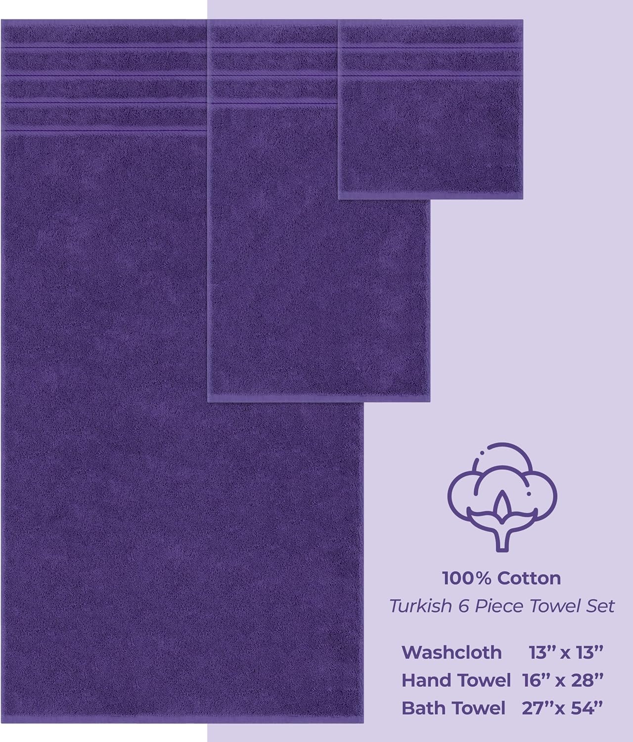 American Soft Linen Luxury 6 Piece Towel Set, 2 Bath Towels 2 Hand Towel 2 Washcloths, 600 GSM 100% Cotton Turkish Towels for Bathroom, Purple Towel Sets