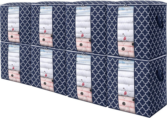 WISELIFE Storage Bags 8 Pack/100L Large Blanket Clothes Organization and Storage Containers for Comforters,Bedding, Foldable Organizer with Reinforced Handle, Clear Window, Sturdy Zippers,Blue