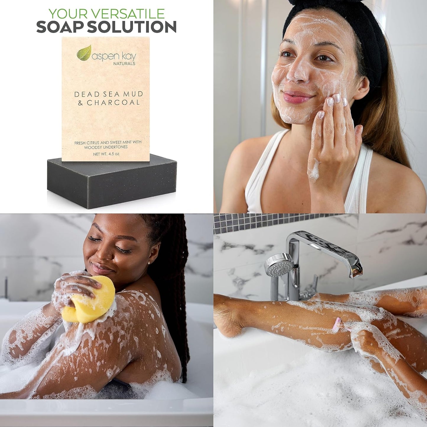 Aspen Kay Naturals Handmade Dead Sea Mud Soap Bar, Activated Charcoal & Pure Essential Oils, 4.5 oz Bar