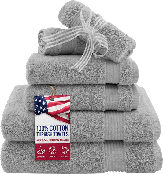 American Veteran Towel, 6 Piece Towel Set for Bathroom, 100% Cotton Turkish Bathroom Towels, 2 Bath Towels 2 Hand Towels 2 Washcloths, Cool Grey