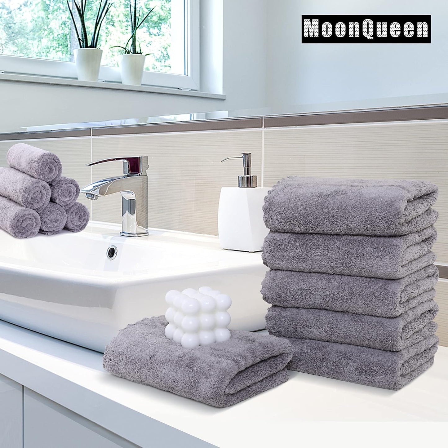 MOONQUEEN 18 Pack Premium Hand Towels - Quick Drying - Microfiber Coral Velvet Highly Absorbent Towels - Multipurpose Use as Hotel, Bathroom, Shower, Spa, Hand Towel 16 x 28 inches (Light Grey)