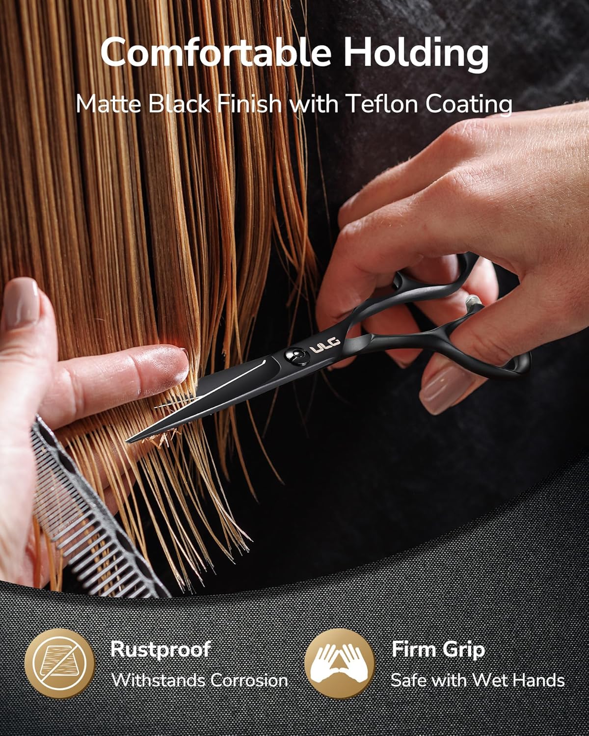 ULG Hair Cutting Scissors, Ultra Sharp Stainless Steel Blades, Matte Black Teflon Coated, Comfortable Offset Handle, Easy-to-Use Shears for Trimming, Shaping, At Home Haircuts Like a Pro, 7-Inch