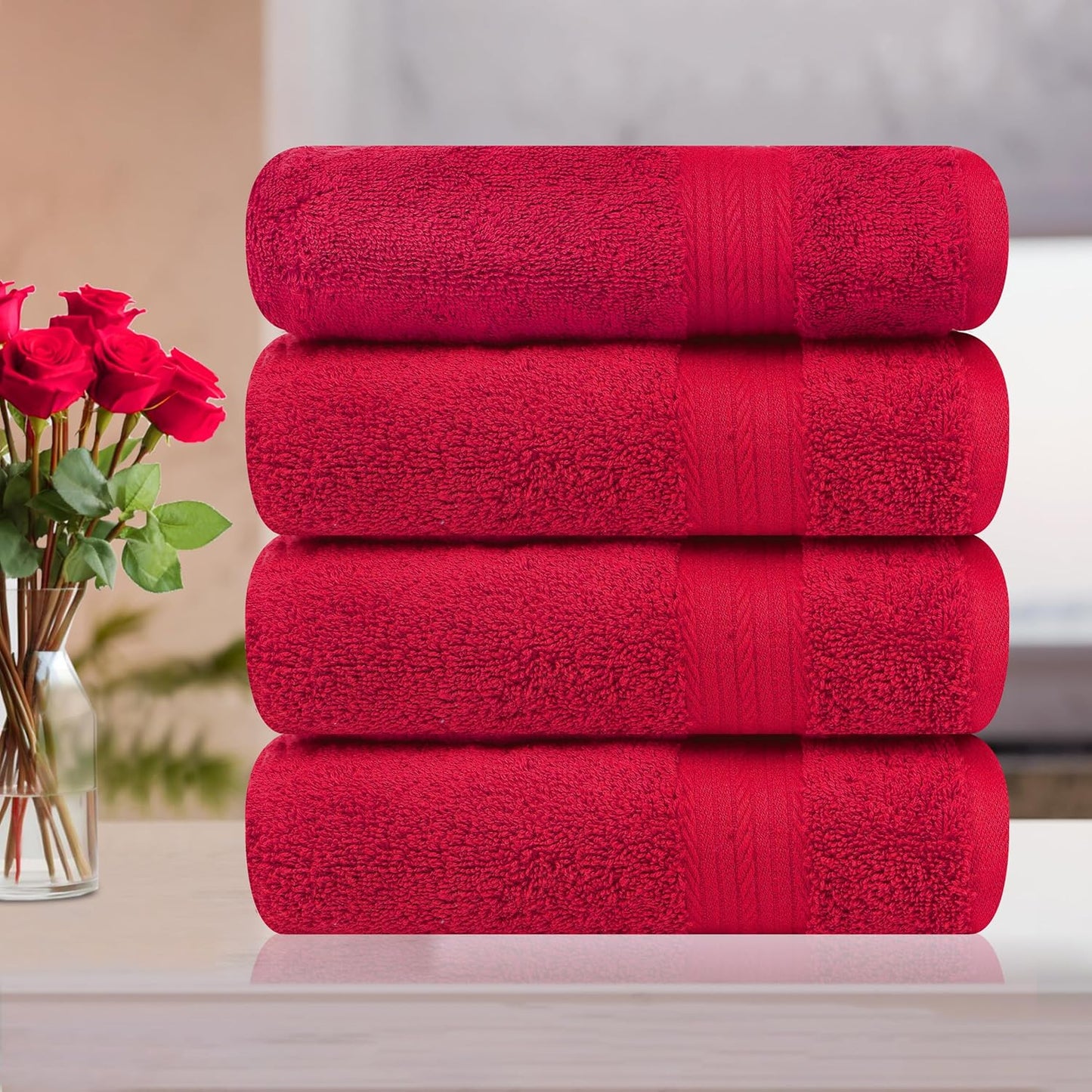 Ample Decor Hand Towel 18 X 28 Inch Pack of 4 600 GSM 100% Cotton, Soft Absorbent Thick Durable Premium Quality, for Hotel, Bathroom, Spa, Daily Use, Gym - Red