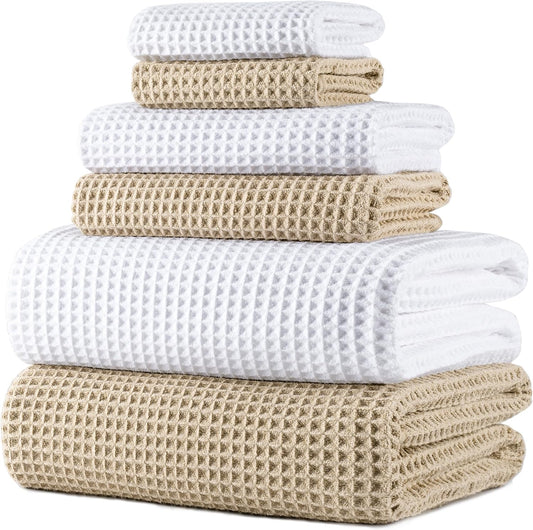POLYTE Oversize, 60 x 30 in., Quick Dry Lint Free Microfiber Bath Towel Set, 6 Piece (Waffle Weave)