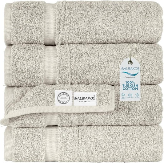 SALBAKOS 100% Turkish Cotton Bath Towel Set of 4 27x54 inch | Heirloom Quality | Hotel & Spa Collection | Ultra Soft, Super Absorbent, Long Lasting Bath Towels | Made in Turkey (Stone, 4 Bath Towels)