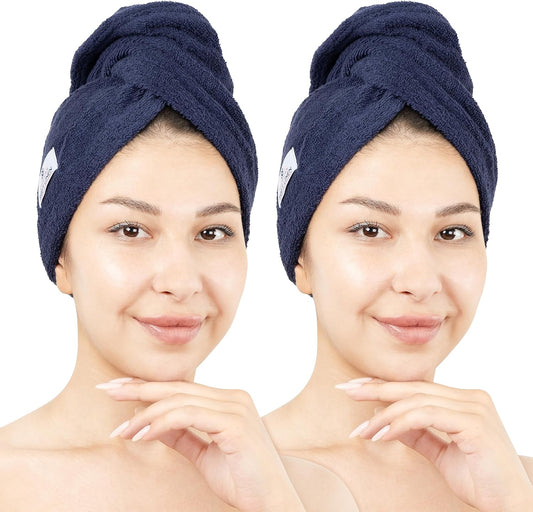American Soft Linen 100% Cotton Hair Towels for Women, Head Towel Cap, Cotton Hair Turban Towel Wrap for Long Curly Anti Frizz Hair, Soft and Absorbent Cotton Hair Towels 2 Pack, Navy Blue