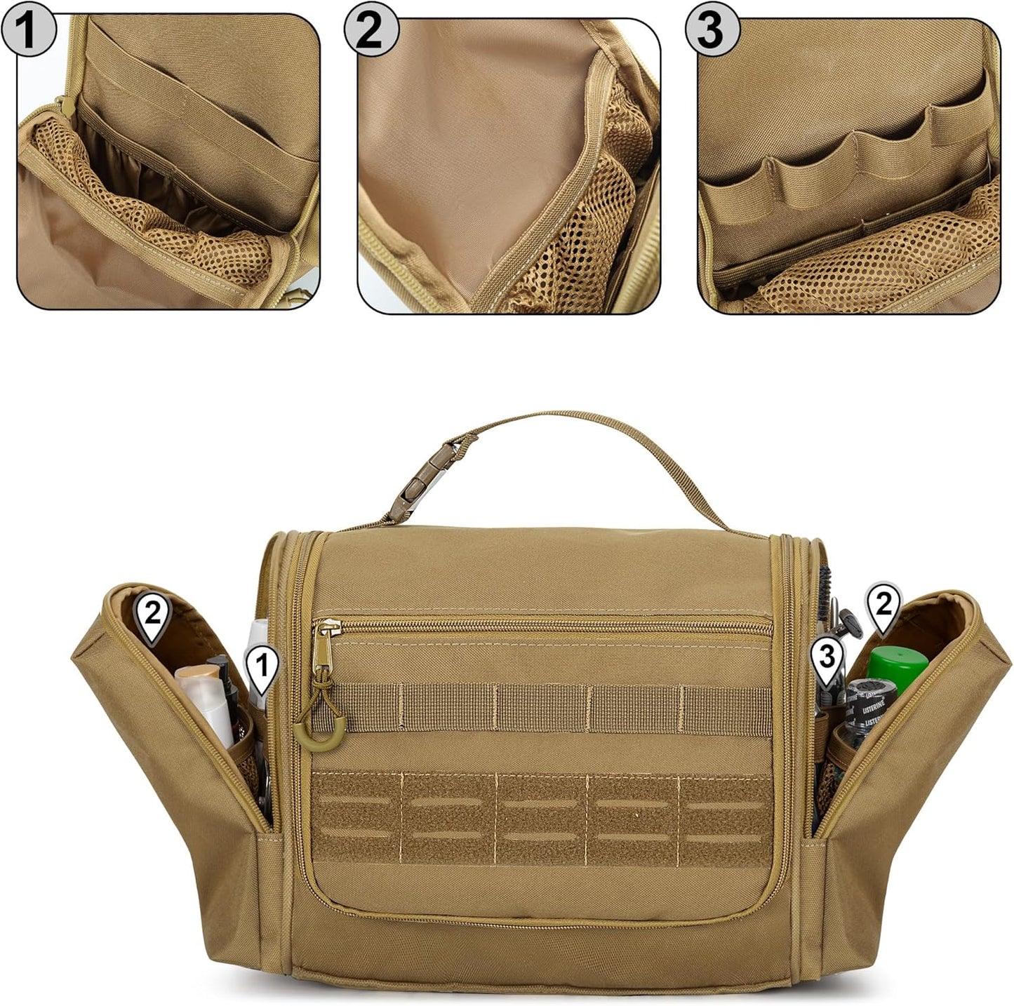 Tactical Toiletry Travel Bag for Men, Hanging Dopp Kit Hygiene Bag Shower Organizer with Hook for Toiletries and Shaving Care, Khaki (Empty Bag)