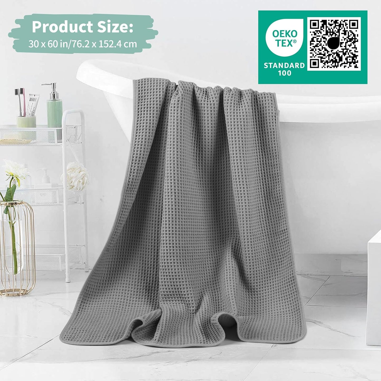 New Microfiber Waffle Bath Towels, 2 Pieces, Oversized, Soft, Absorbent, Fast Drying, Lint Free (Gray+Pink)