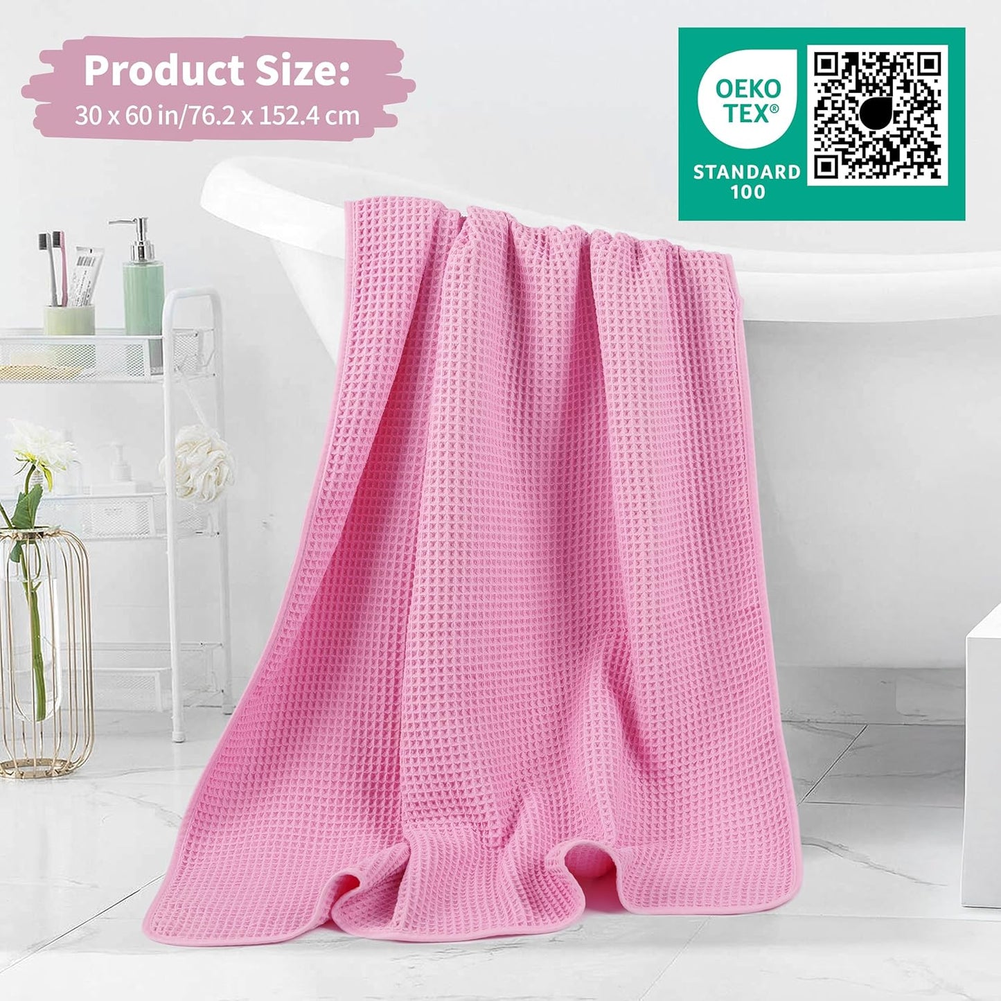 New Microfiber Waffle Bath Towels, 2 Pieces, Oversized, Soft, Absorbent, Fast Drying, Lint Free (Pink)