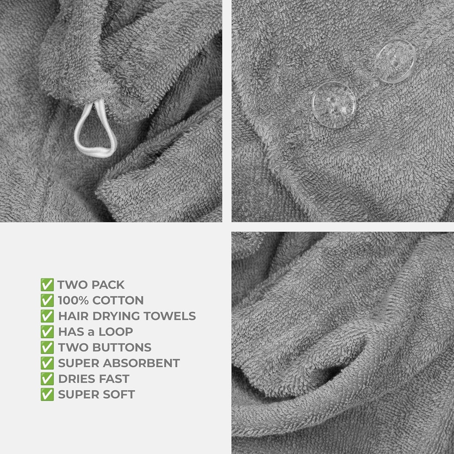 American Soft Linen 100% Cotton Hair Towels for Women, Head Towel Cap, Cotton Hair Turban Towel Wrap for Long Curly Anti Frizz Hair, Soft and Absorbent Cotton Hair Towels 2 Pack, Dark Gray