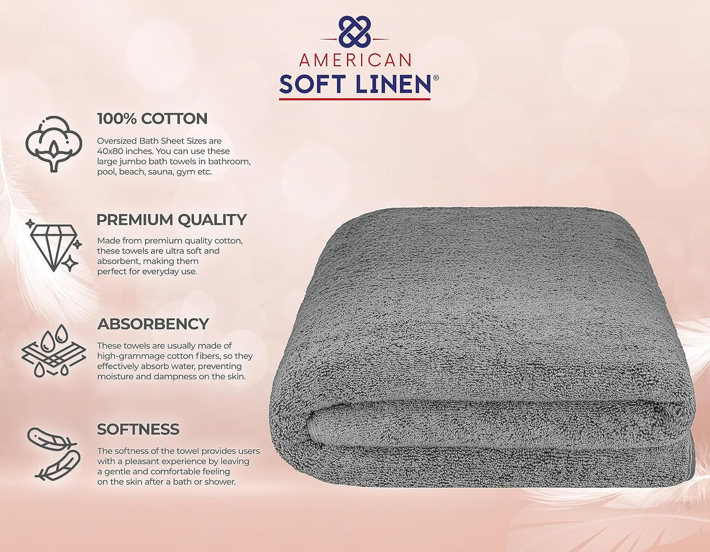 American Soft Linen Oversized Bath Sheet 40x80 Extra Large for Bathroom, 600 GSM 100% Cotton Turkish Jumbo Bathsheet Towels for Adults, Dark Gray Bath Sheet
