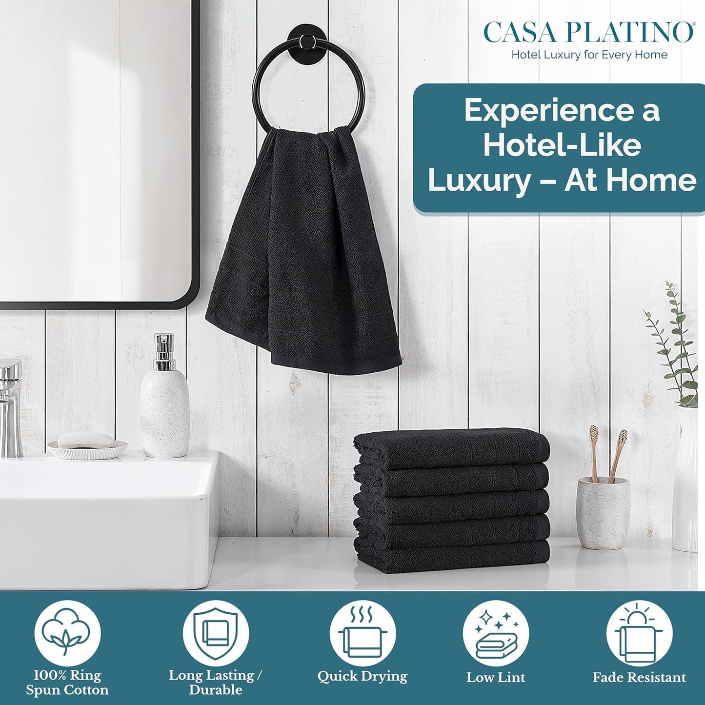 Casa Platino 6 Pack Hand Towels for Bathroom (16"x28") - Spa & Hotel Quality - 100% Cotton, Ring Spun - Quick Dry, Ultra Soft & Absorbent Black Hand Towels Set of 6 - Perfect for Everyday Use - Black