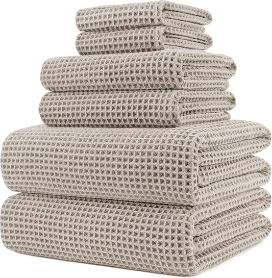 POLYTE Oversize, 60 x 30 in., Quick Dry Lint Free Microfiber Bath Towel Set, 6 Piece (Waffle Weave)