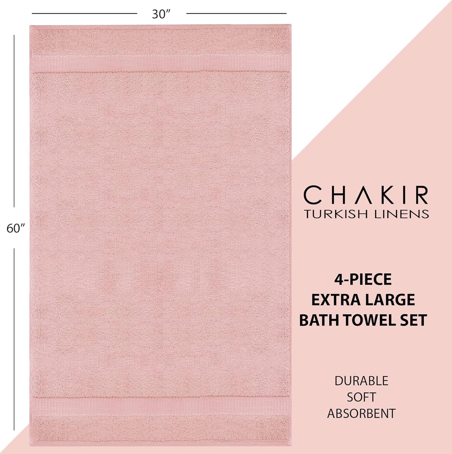 Chakir Turkish Linens | Hotel & Spa Quality 100% Cotton Luxury Turkish Towels | Soft & Absorbent (30x60 Inches Extra Large Bath Towels, Set of 4 - Pink)