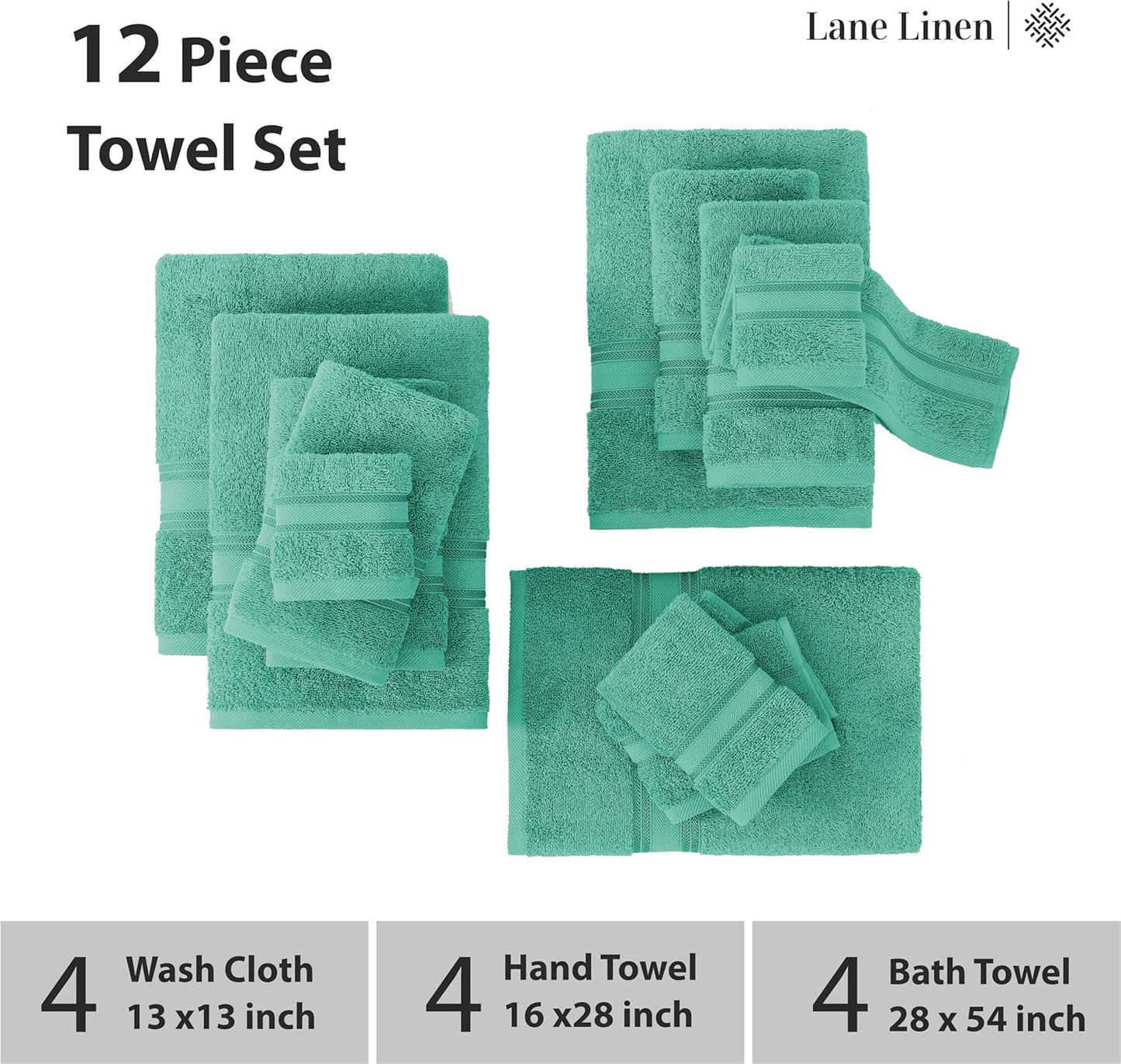 LANE LINEN Luxury Bath Towels Set - 12 Piece Set, 100% Cotton Bathroom Towel, Zero Twist, Quick Dry Shower Towels, Absorbent Towel, Super Soft, 4 Bath Towels, 4 Hand Towels, 4 Wash Cloths - Teal