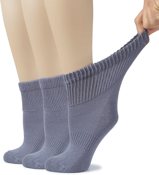 Hugh Ugoli Women's Cotton Diabetic Ankle Socks, Wide, Loose, Stretchy, Seamless Toe, Non Binding Top Semi Cushion, 3-6 Pairs