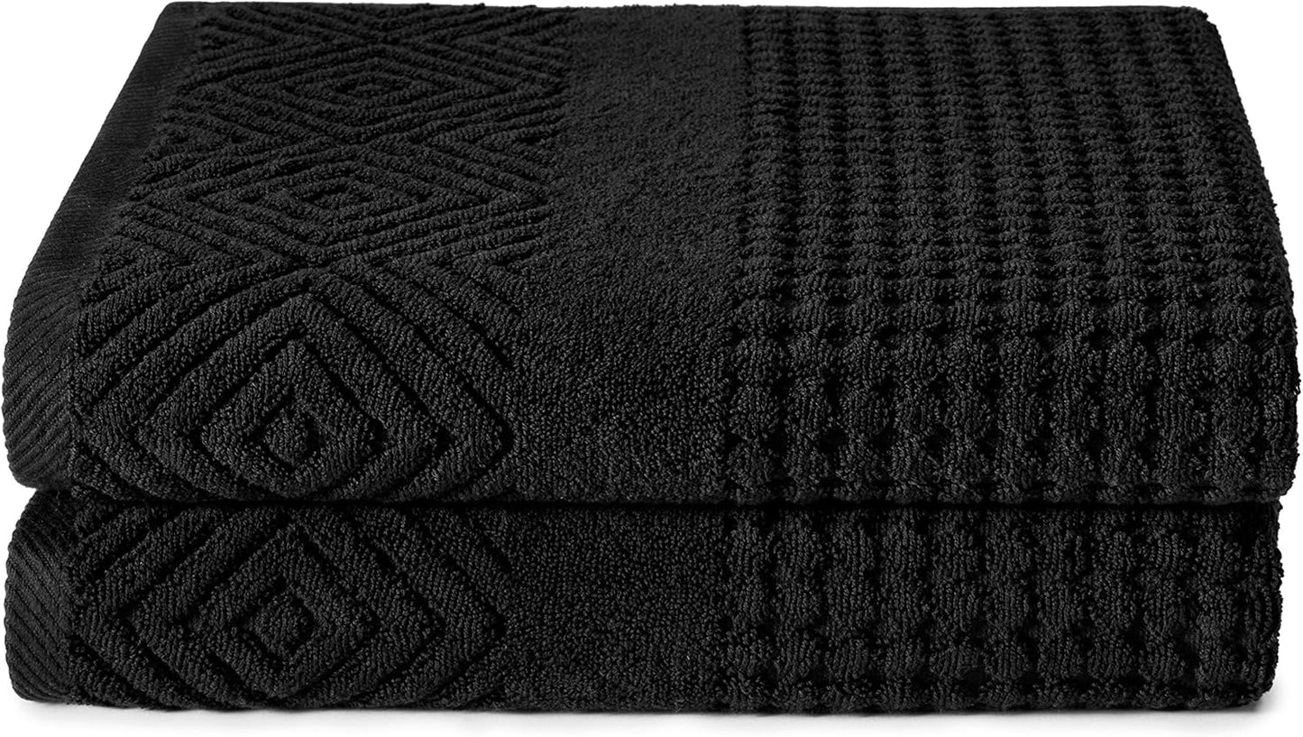 Texere 100% Organic Cotton Diamond Jacquard 700 GSM Luxury Bath Towel Sets - Ultra Soft and Absorbent Hotel and Spa Quality (Diamond, Black, 2 Bath Towels)