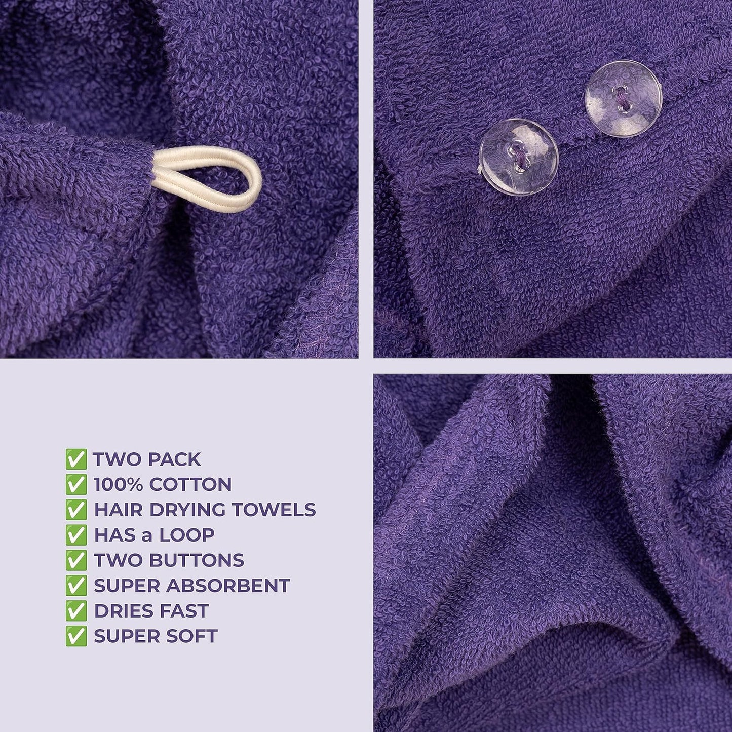 American Soft Linen 100% Cotton Hair Towel Cap and Wrap for Long Curly Anti Frizz Hair, Absorbent 2 Pack, Purple