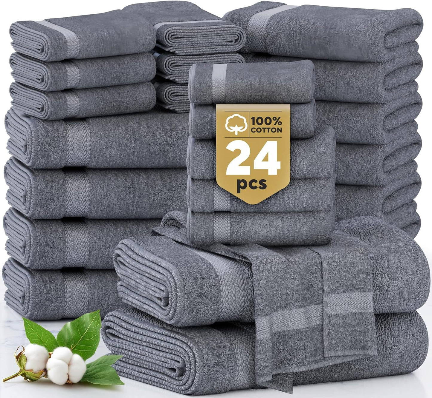 24 Pc 100% Cotton Bath Towels For Bathroom Set, Quick Dry, Machine Wash Soft & Absorbent, Oeko Tex Cert, Daily Use, Guest or Spa-2 Bath Sheets 4 Bath Towels 6 Hand, 4 Fingertip 8 Washcloths–Cool Grey