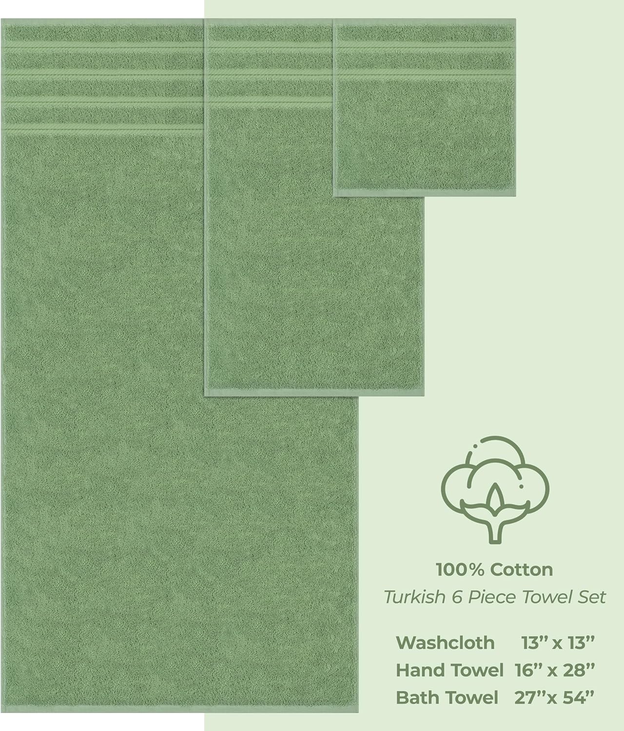 American Soft Linen Luxury 6 Piece Towel Set, 2 Bath Towels 2 Hand Towel 2 Washcloths, 600 GSM 100% Cotton Turkish Towels for Bathroom, Sage Green Towel Sets