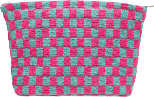 PAZIMIIK Knitted Checkered Makeup Bag Large Zipper Make Up Accessory Pouch for Purse Cosmetic Brush Bag for Travel Essential Magenta Green