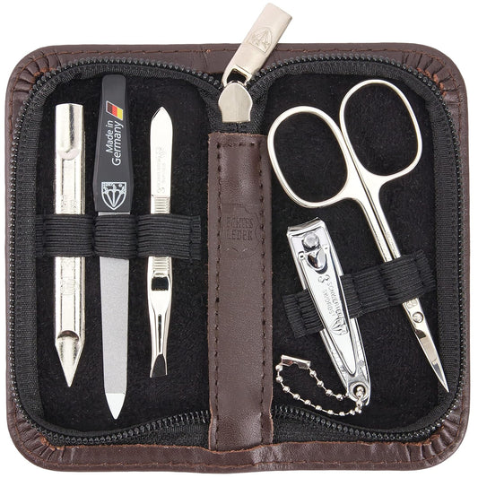 3 Swords Germany - brand quality 5 piece manicure pedicure grooming kit set for professional finger & toe nail care scissors clipper genuine leather brown case in gift box, Made in Germany