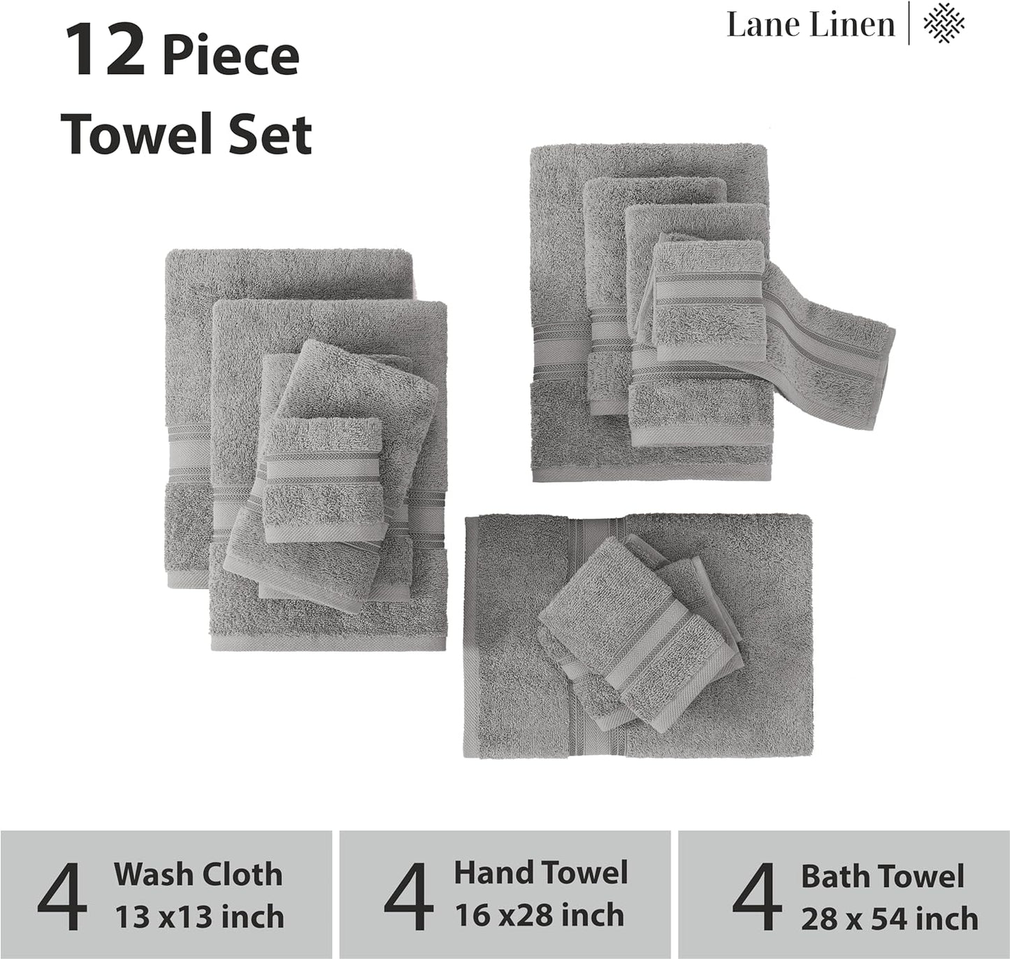 LANE LINEN Luxury Bath Towels Set - 12 Piece (4 Bath Towels, 4 Hand Towels, 4 Washcloths), 100% Cotton, Zero Twist, Super Soft & Extra Absorbent - Space Grey