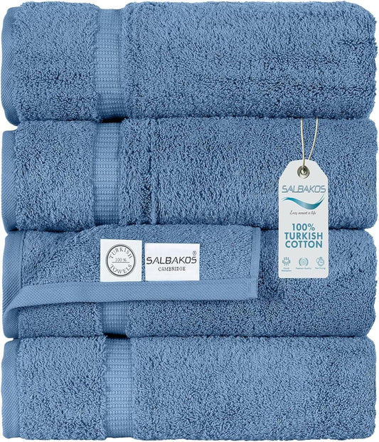 SALBAKOS 100% Turkish Cotton Bath Towel Set of 4 27x54 inch | Heirloom Quality | Hotel & Spa Collection | Ultra Soft, Super Absorbent, Long Lasting Bath Towels | Made in Turkey (Blue, 4 Bath Towels)